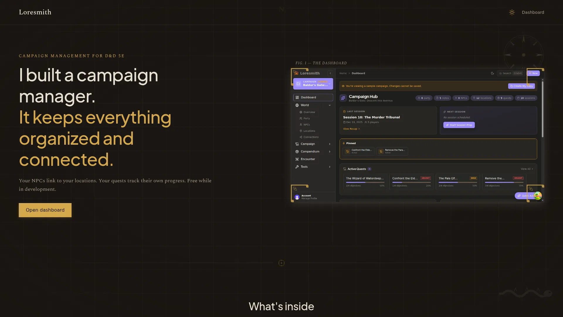 Loresmith landing page showing the hero section with campaign management interface preview
