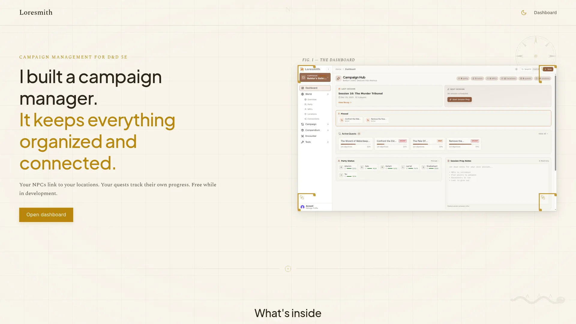 Loresmith landing page showing the hero section with campaign management interface preview