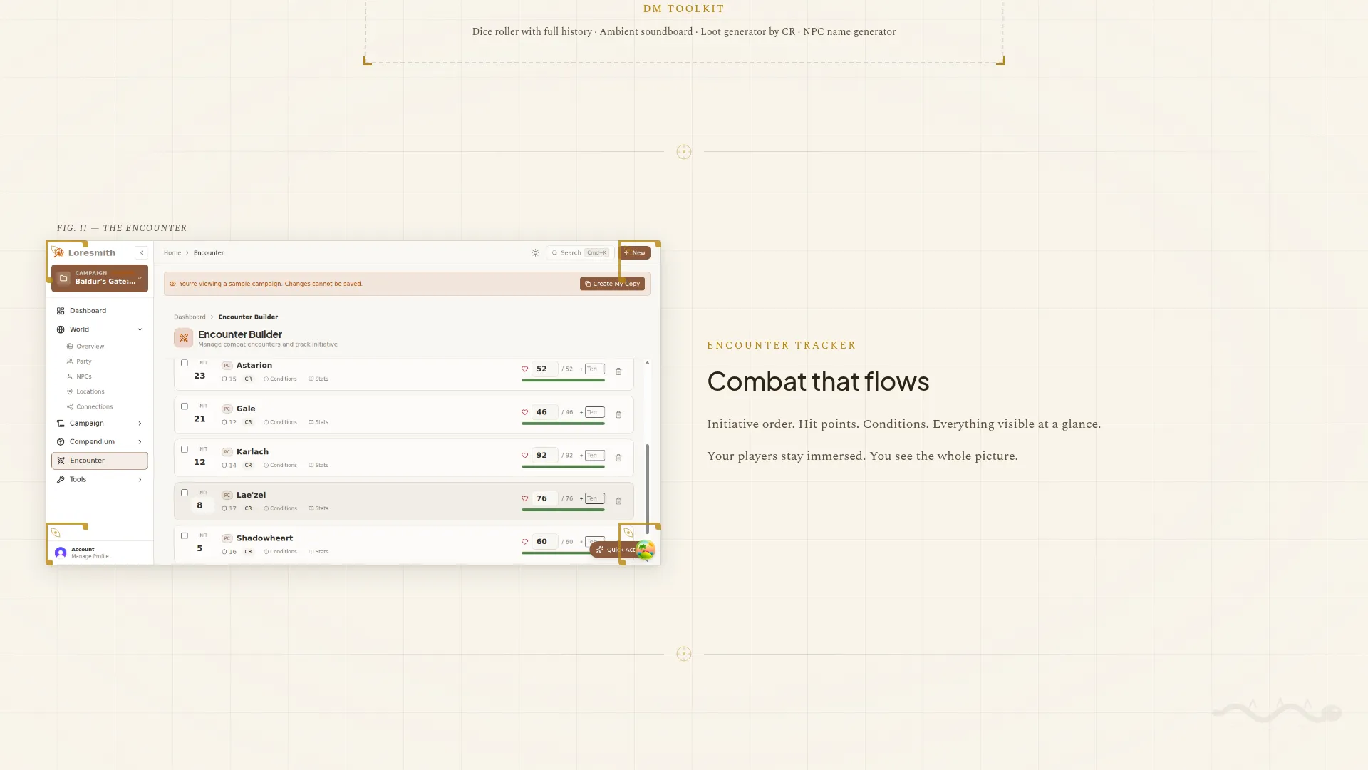 Landing page showing feature overview