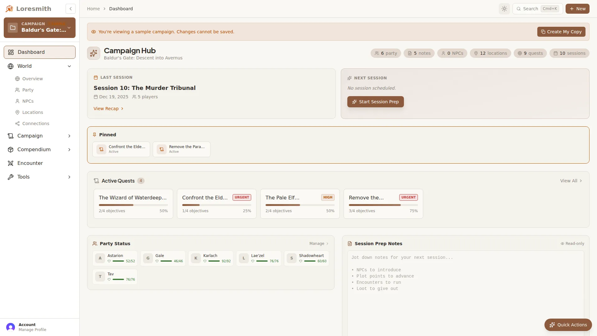 Dashboard showing session prep hub