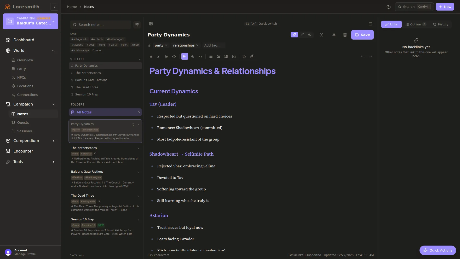 Notes editor with wikilinks and backlinks panel