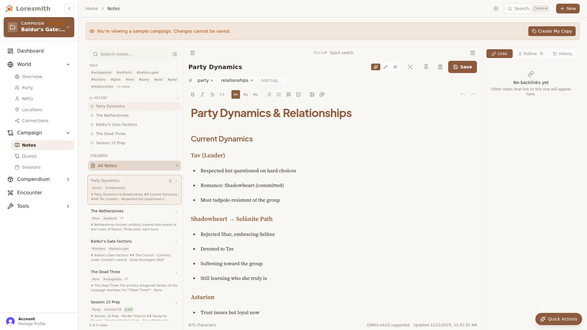 Notes editor with wikilinks and backlinks panel