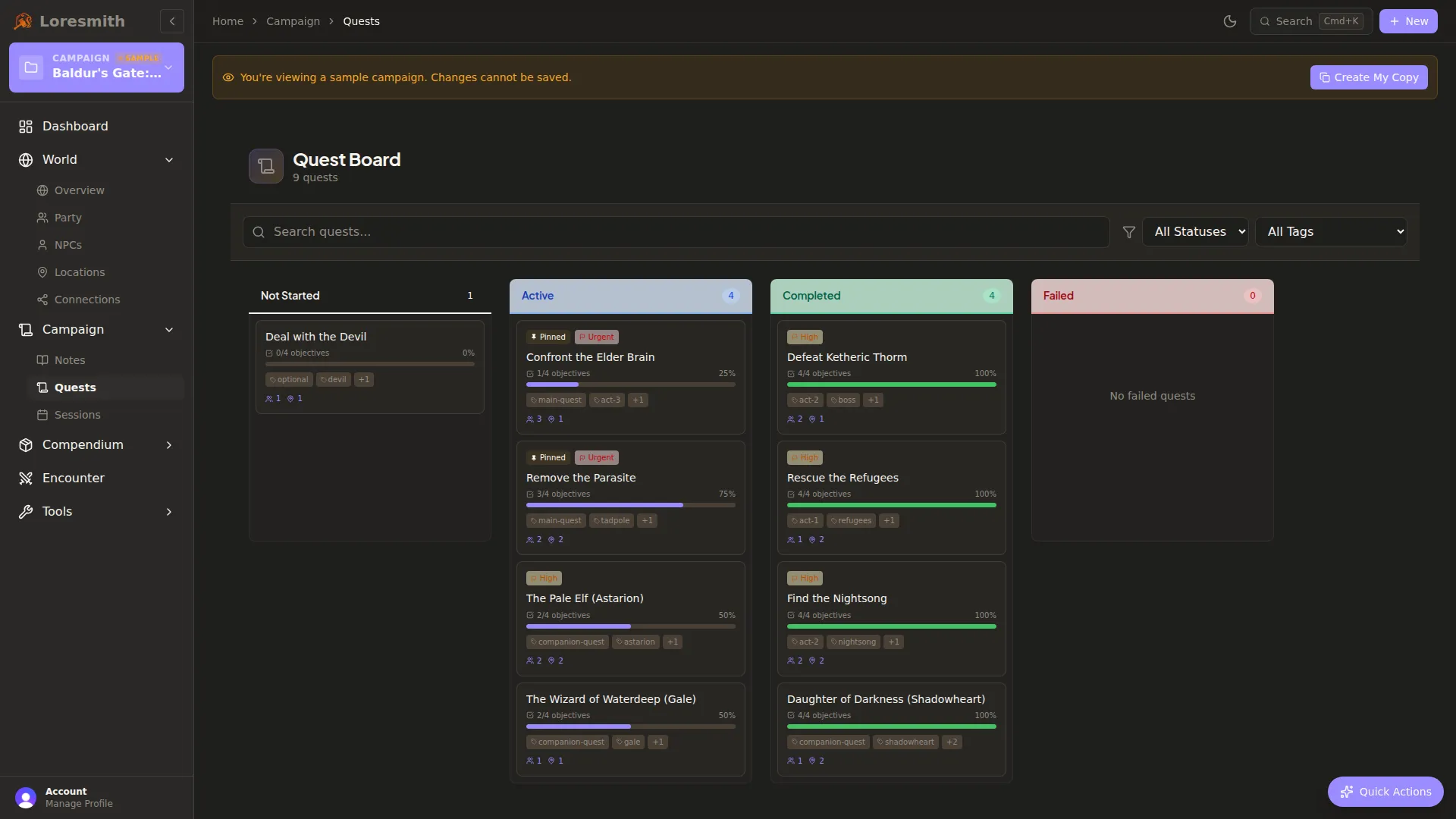 Quest board with status columns
