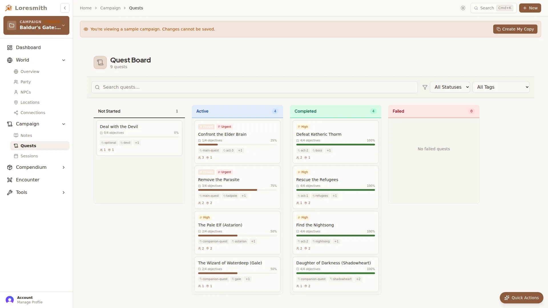 Quest board with status columns