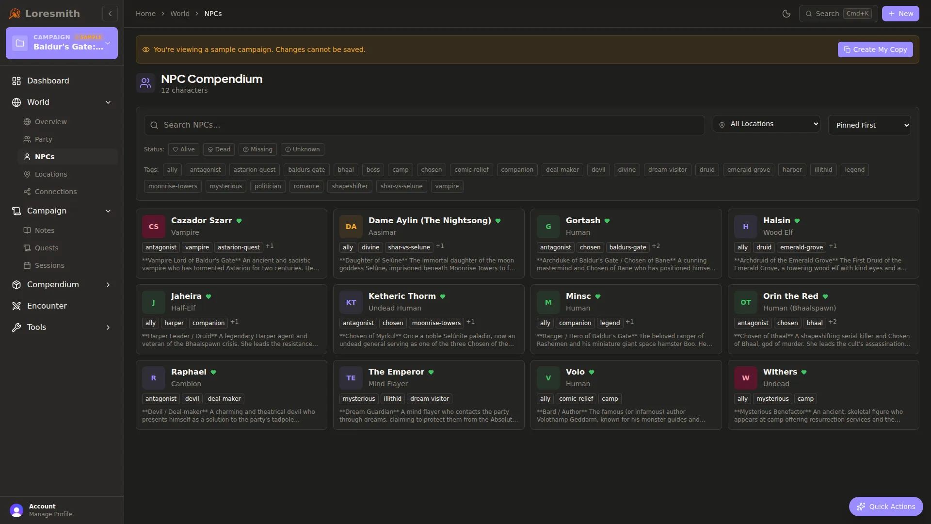 NPC management interface