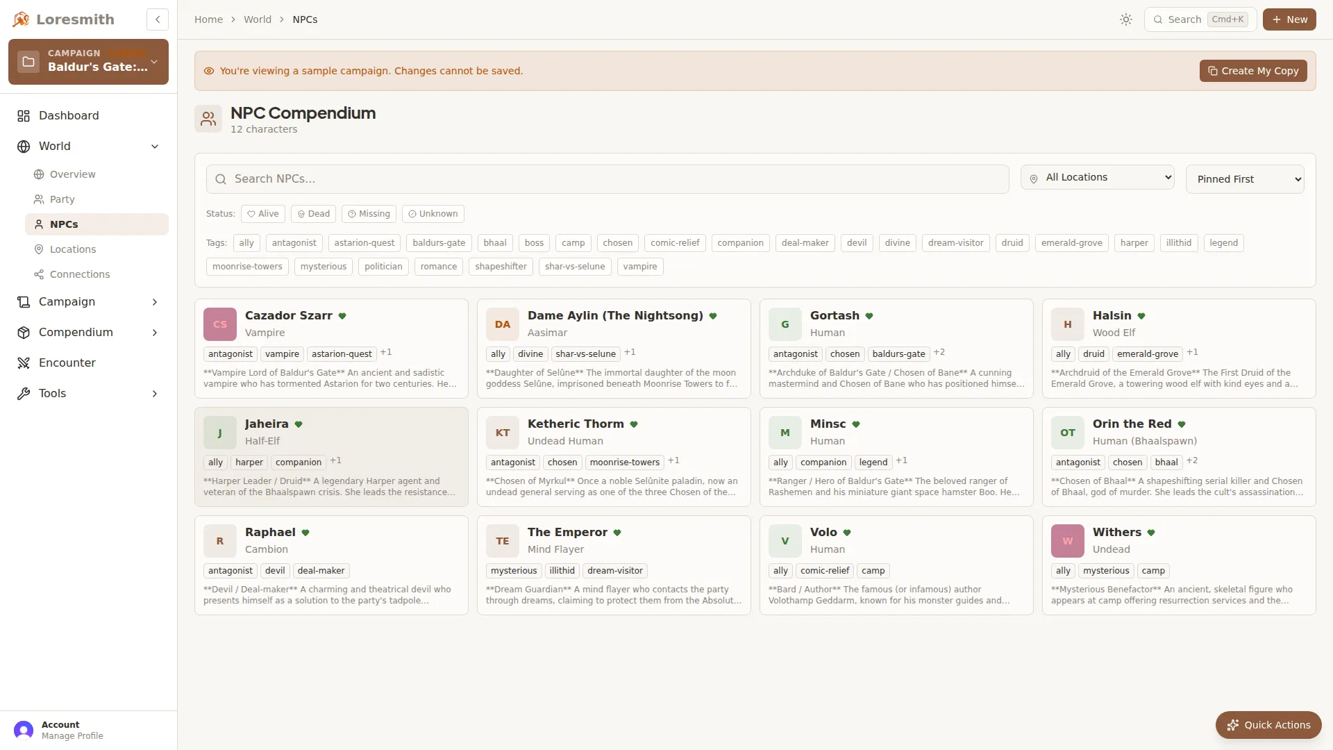 NPC management interface